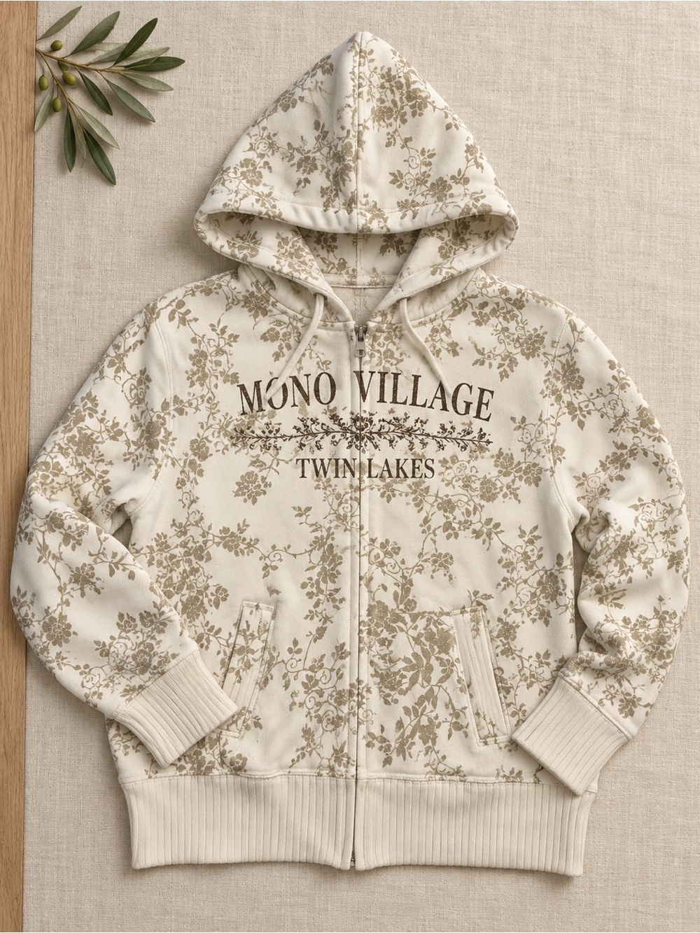 MV Sport Floral Zip-Up Hoodie Jacket - Cream/Tan